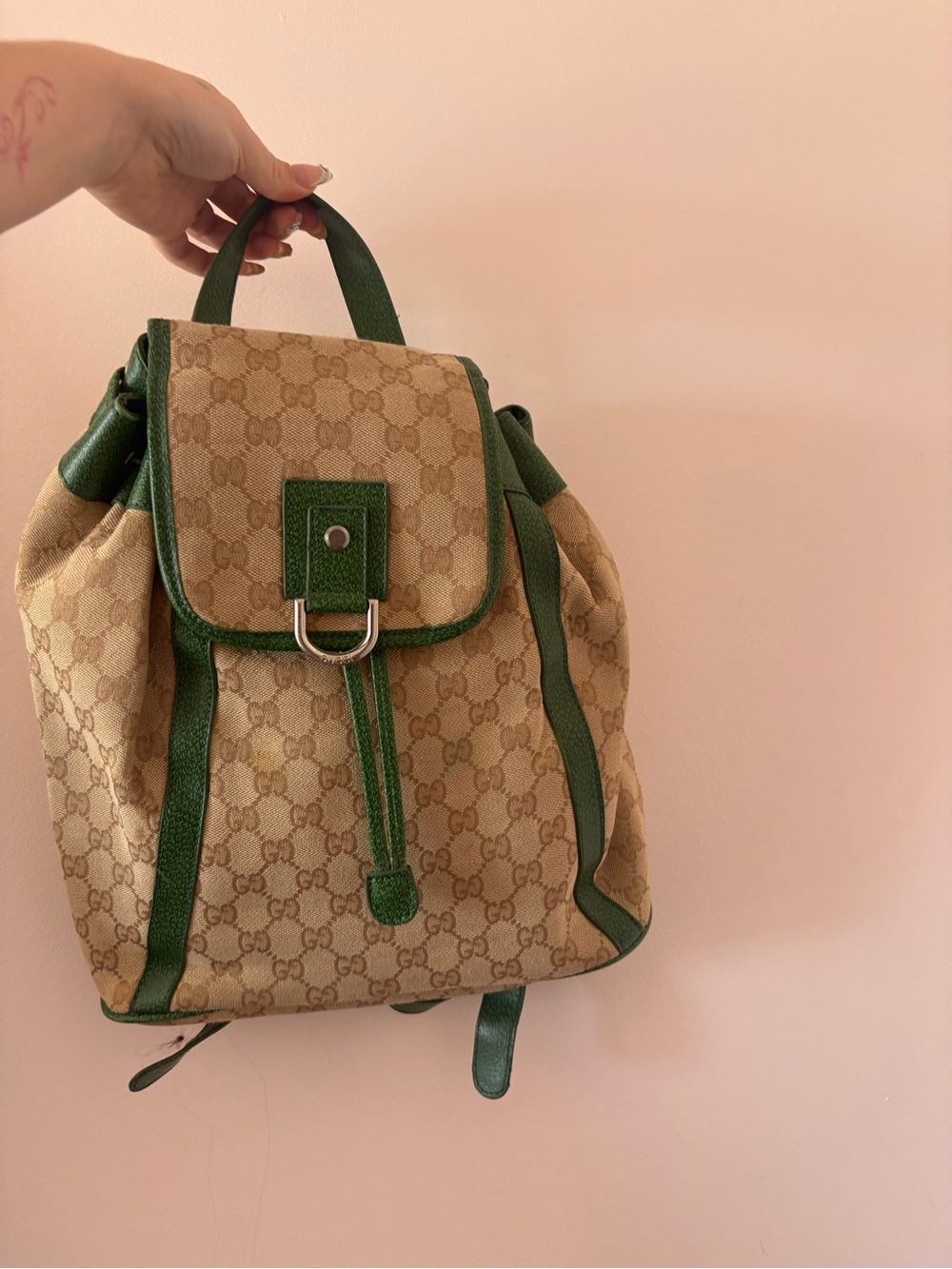 Gucci Beige GG Canvas Backpack with Green Leather Trim